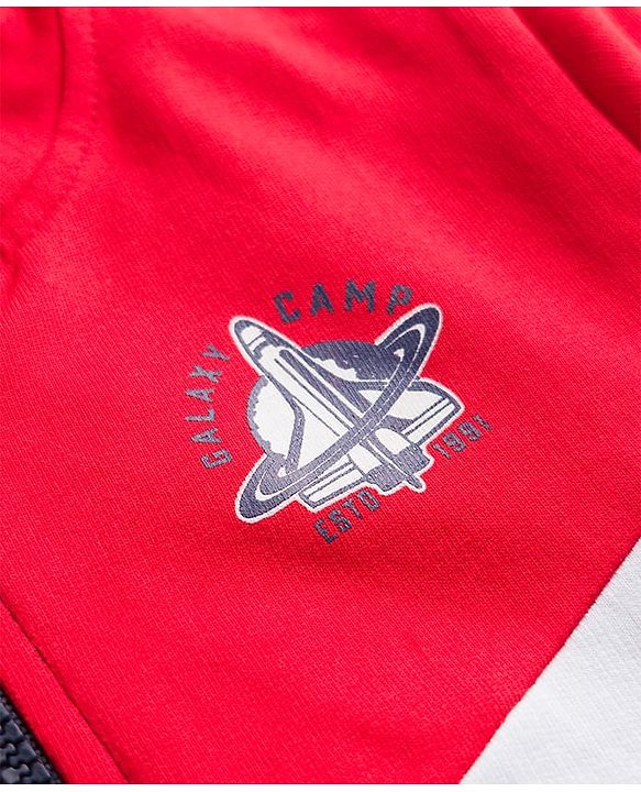 Pine Kids Cotton Knit Full Sleeves Hooded Sweatjacket With Space Shuttle Print & Kangaroo Pockets - Navy Blue & Red