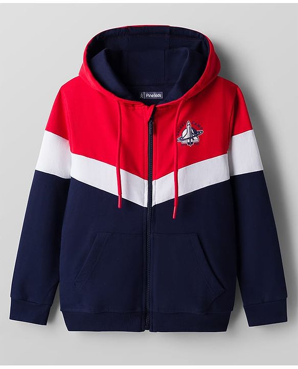 Pine Kids Cotton Knit Full Sleeves Hooded Sweatjacket With Space Shuttle Print & Kangaroo Pockets - Navy Blue & Red