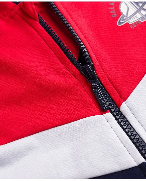 Pine Kids Cotton Knit Full Sleeves Hooded Sweatjacket With Space Shuttle Print & Kangaroo Pockets - Navy Blue & Red
