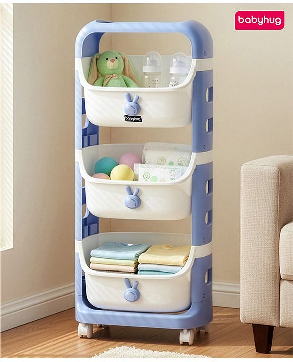 Babyhug 3 Layer Storage Organiser with Rabbit Face - Blue| Detachable Baskets| Wheels with Lock| Plug N Play Assembly| Stationery, Toys &  Clothes Storage| Rounded Edges