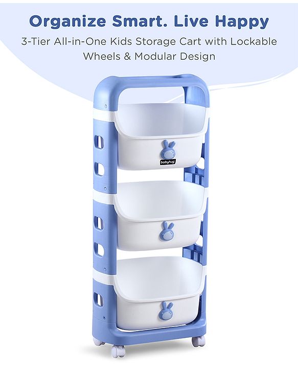 Babyhug 3 Layer Storage Organiser with Rabbit Face - Blue| Detachable Baskets| Wheels with Lock| Plug N Play Assembly| Stationery, Toys &  Clothes Storage| Rounded Edges