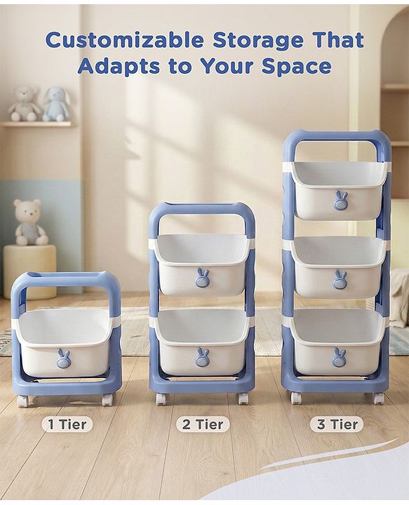 Babyhug 3 Layer Storage Organiser with Rabbit Face - Blue| Detachable Baskets| Wheels with Lock| Plug N Play Assembly| Stationery, Toys &  Clothes Storage| Rounded Edges