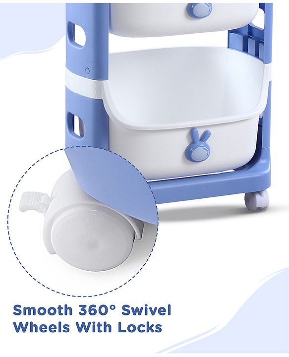 Babyhug 3 Layer Storage Organiser with Rabbit Face - Blue| Detachable Baskets| Wheels with Lock| Plug N Play Assembly| Stationery, Toys &  Clothes Storage| Rounded Edges