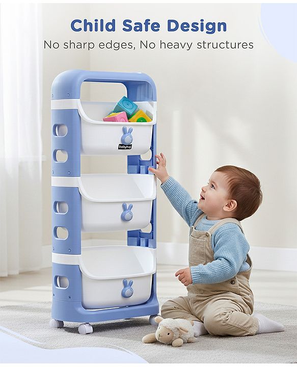 Babyhug 3 Layer Storage Organiser with Rabbit Face - Blue| Detachable Baskets| Wheels with Lock| Plug N Play Assembly| Stationery, Toys &  Clothes Storage| Rounded Edges