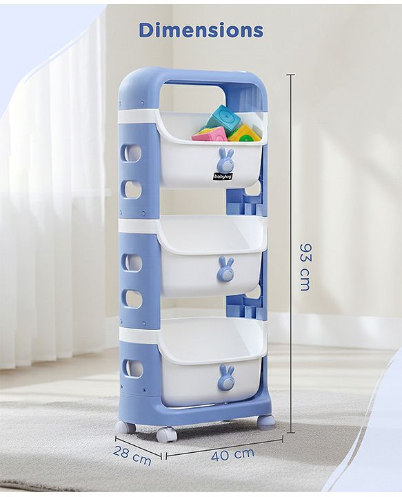 Babyhug 3 Layer Storage Organiser with Rabbit Face - Blue| Detachable Baskets| Wheels with Lock| Plug N Play Assembly| Stationery, Toys &  Clothes Storage| Rounded Edges