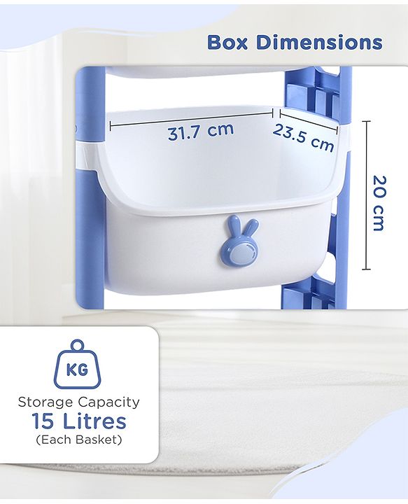 Babyhug 3 Layer Storage Organiser with Rabbit Face - Blue| Detachable Baskets| Wheels with Lock| Plug N Play Assembly| Stationery, Toys &  Clothes Storage| Rounded Edges