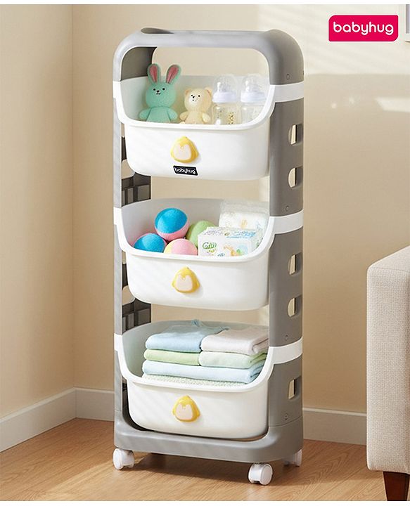 Babyhug 3 Layer Storage Organiser with Rabbit Face - Blue| Detachable Baskets| Wheels with Lock| Plug N Play Assembly| Stationery, Toys &  Clothes Storage| Rounded Edges