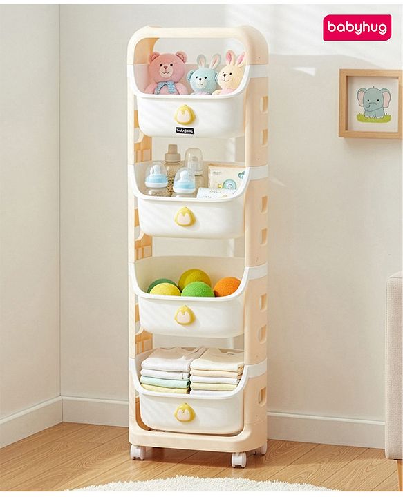 Babyhug 4 Layer Storage Organiser with Penguin Face - Yellow| Detachable Baskets| Wheels with Lock| Plug N Play Assembly| Stationery, Toys &  Clothes Storage| Rounded Edges