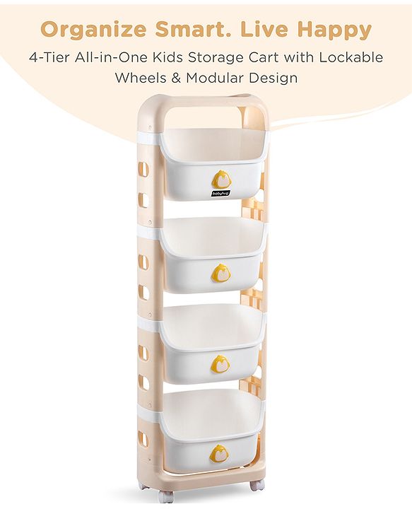 Babyhug 4 Layer Storage Organiser with Penguin Face - Yellow| Detachable Baskets| Wheels with Lock| Plug N Play Assembly| Stationery, Toys &  Clothes Storage| Rounded Edges