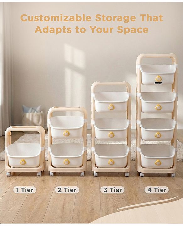 Babyhug 4 Layer Storage Organiser with Penguin Face - Yellow| Detachable Baskets| Wheels with Lock| Plug N Play Assembly| Stationery, Toys &  Clothes Storage| Rounded Edges