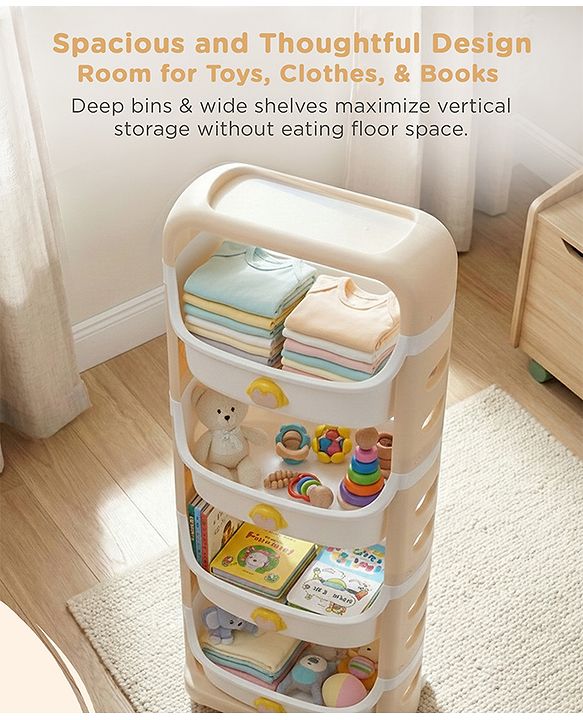Babyhug 4 Layer Storage Organiser with Penguin Face - Yellow| Detachable Baskets| Wheels with Lock| Plug N Play Assembly| Stationery, Toys &  Clothes Storage| Rounded Edges