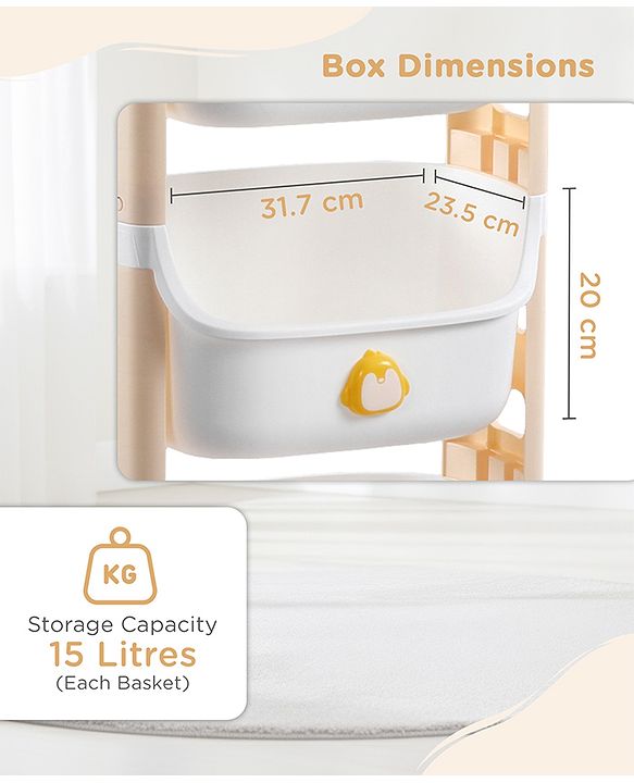 Babyhug 4 Layer Storage Organiser with Penguin Face - Yellow| Detachable Baskets| Wheels with Lock| Plug N Play Assembly| Stationery, Toys &  Clothes Storage| Rounded Edges