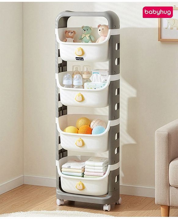 Babyhug 4 Layer Storage Organiser with Penguin Face - Yellow| Detachable Baskets| Wheels with Lock| Plug N Play Assembly| Stationery, Toys &  Clothes Storage| Rounded Edges