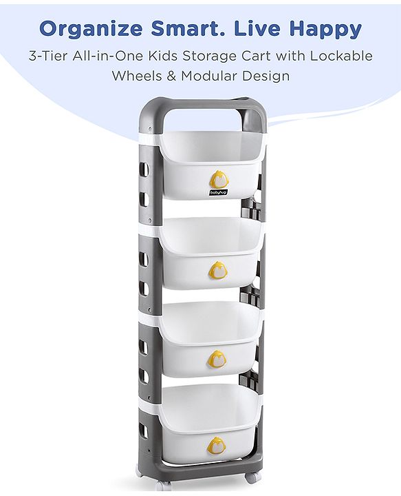 Babyhug 4 Layer Storage Organiser with Penguin Face - Yellow| Detachable Baskets| Wheels with Lock| Plug N Play Assembly| Stationery, Toys &  Clothes Storage| Rounded Edges