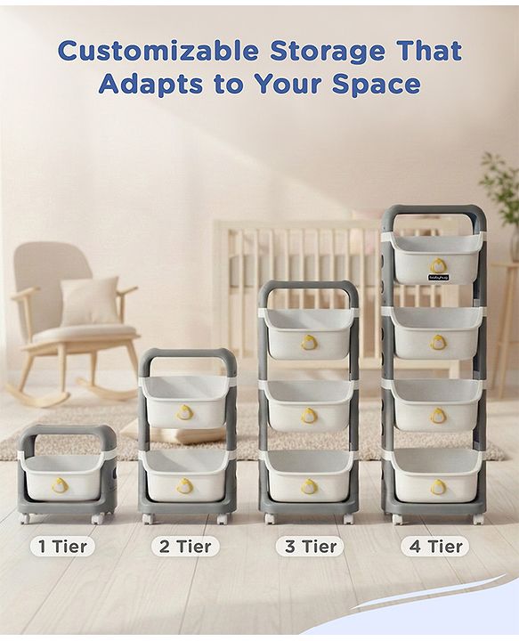 Babyhug 4 Layer Storage Organiser with Penguin Face - Yellow| Detachable Baskets| Wheels with Lock| Plug N Play Assembly| Stationery, Toys &  Clothes Storage| Rounded Edges