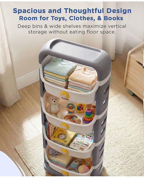 Babyhug 4 Layer Storage Organiser with Penguin Face - Yellow| Detachable Baskets| Wheels with Lock| Plug N Play Assembly| Stationery, Toys &  Clothes Storage| Rounded Edges