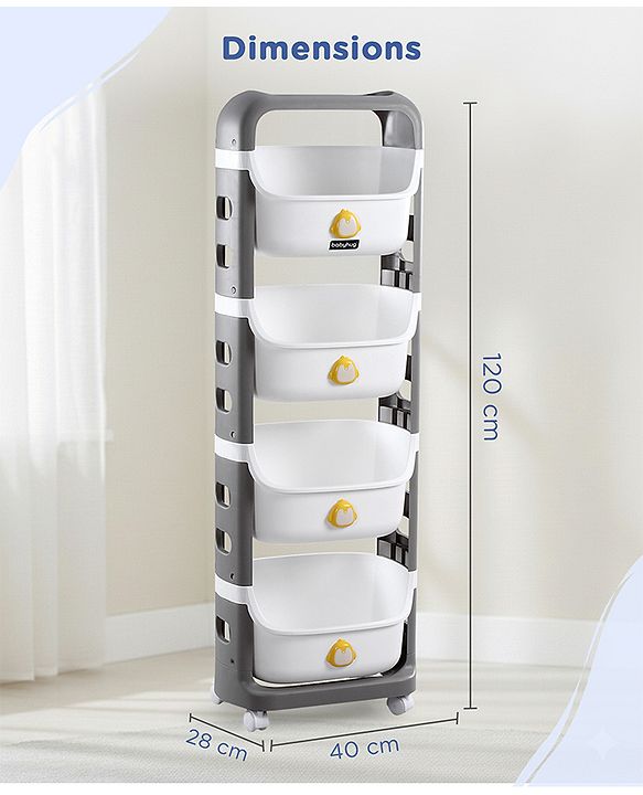 Babyhug 4 Layer Storage Organiser with Penguin Face - Yellow| Detachable Baskets| Wheels with Lock| Plug N Play Assembly| Stationery, Toys &  Clothes Storage| Rounded Edges