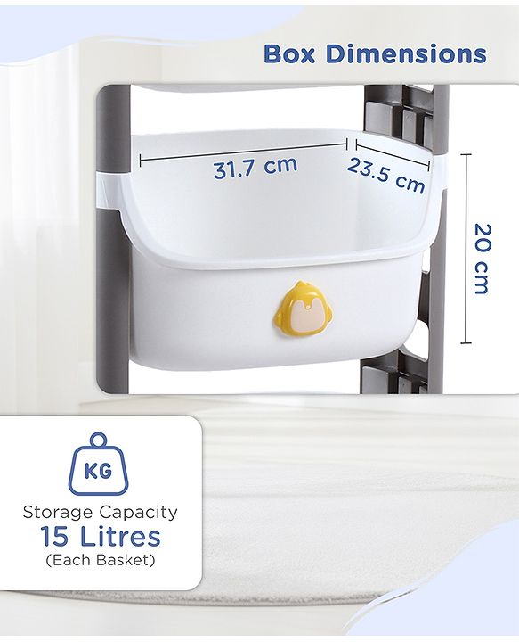 Babyhug 4 Layer Storage Organiser with Penguin Face - Yellow| Detachable Baskets| Wheels with Lock| Plug N Play Assembly| Stationery, Toys &  Clothes Storage| Rounded Edges