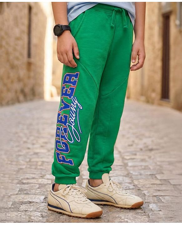 Pine Kids Terry Knit Full Length Lounge Pant With Text print - Green