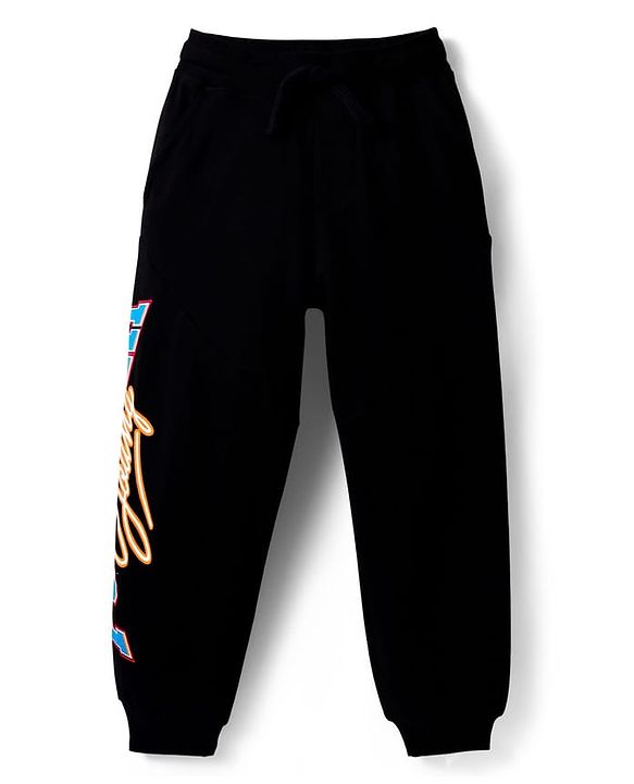 Pine Kids Terry Knit Full Length Lounge Pant With Text Print - Black