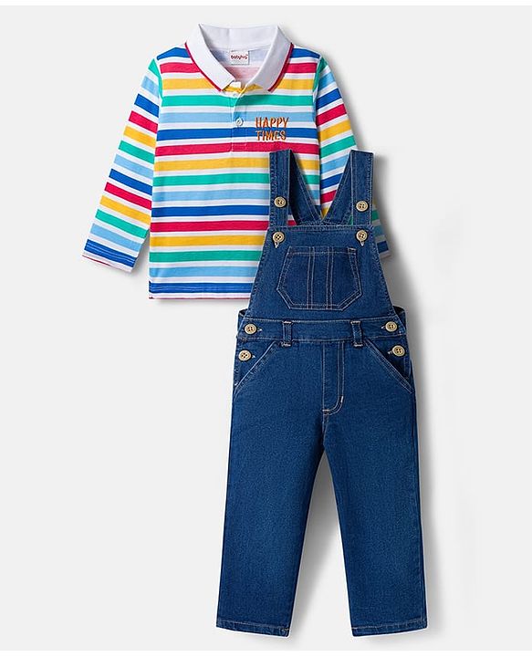 Babyhug Terry Knit Denim Dungaree with Full Sleeves Striped Inner Tee - Multicolor