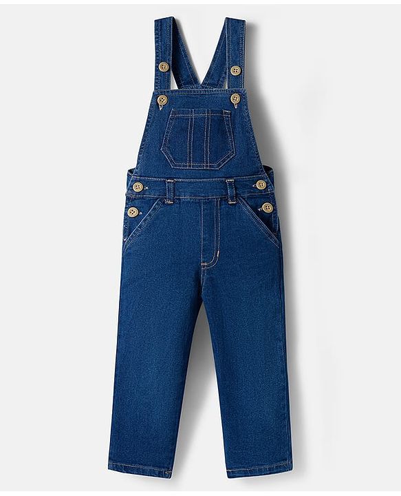 Babyhug Terry Knit Denim Dungaree with Full Sleeves Striped Inner Tee - Multicolor