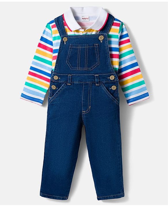 Babyhug Terry Knit Denim Dungaree with Full Sleeves Striped Inner Tee - Multicolor