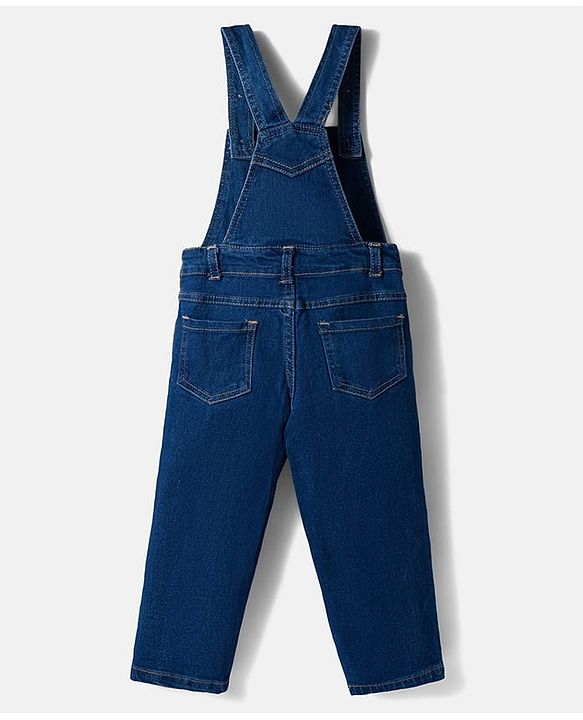 Babyhug Terry Knit Denim Dungaree with Full Sleeves Striped Inner Tee - Multicolor