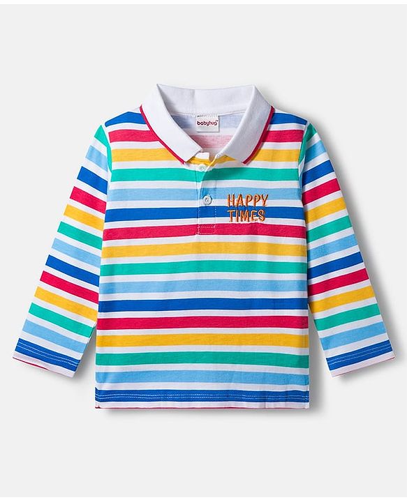 Babyhug Terry Knit Denim Dungaree with Full Sleeves Striped Inner Tee - Multicolor