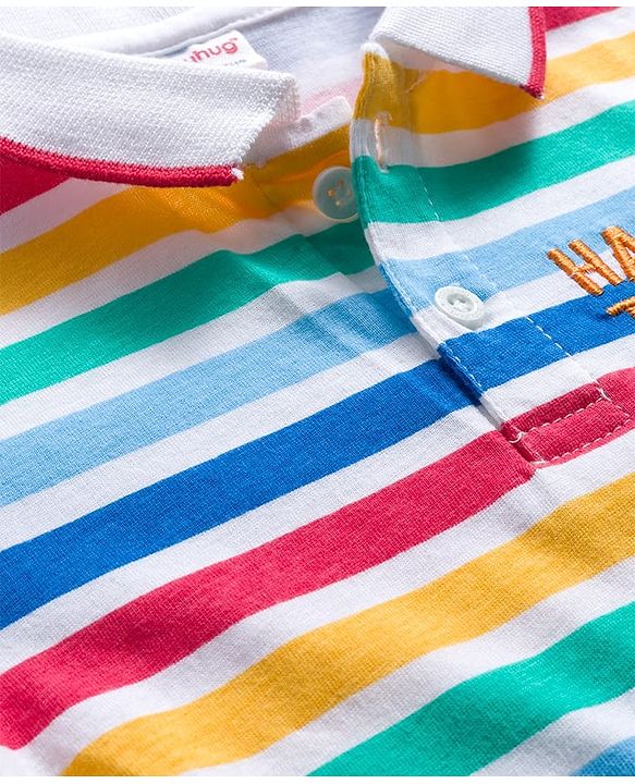 Babyhug Terry Knit Denim Dungaree with Full Sleeves Striped Inner Tee - Multicolor