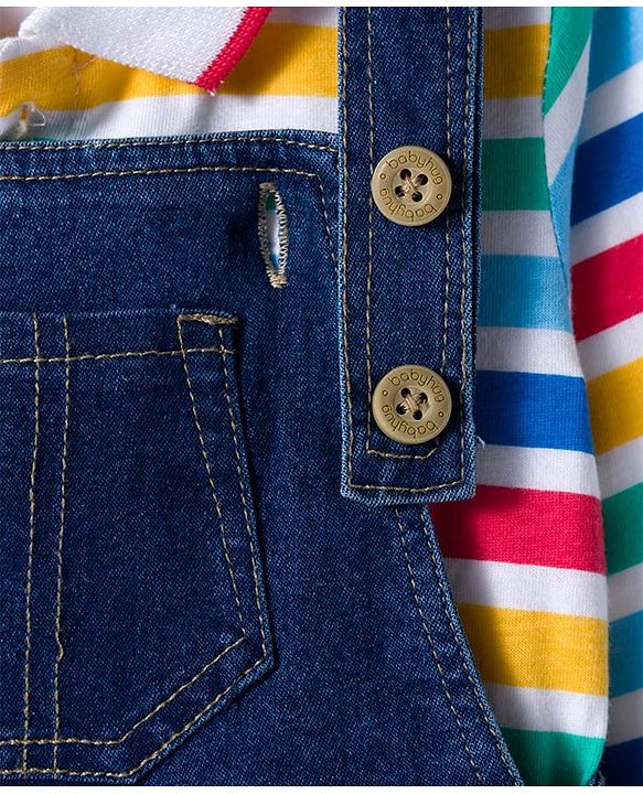 Babyhug Terry Knit Denim Dungaree with Full Sleeves Striped Inner Tee - Multicolor