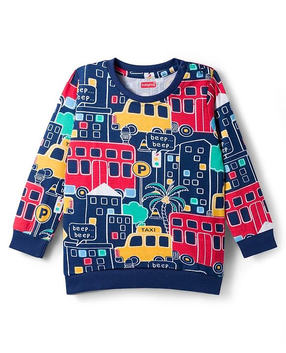 Babyhug Knit Premium Light Gauge Terry Full Sleeves T-Shirt & Denim Jeans  Set With Vehicle Print - Navy Blue