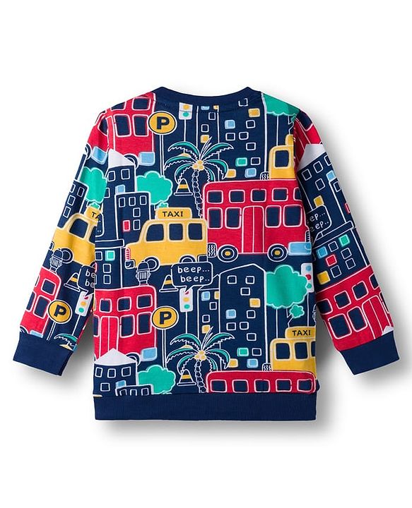 Babyhug Knit Premium Light Gauge Terry Full Sleeves T-Shirt & Denim Jeans  Set With Vehicle Print - Navy Blue