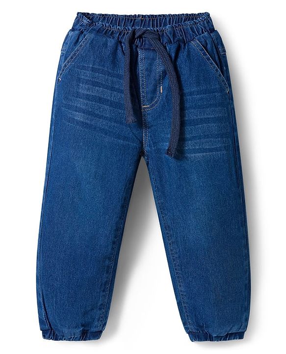 Babyhug Knit Premium Light Gauge Terry Full Sleeves T-Shirt & Denim Jeans  Set With Vehicle Print - Navy Blue
