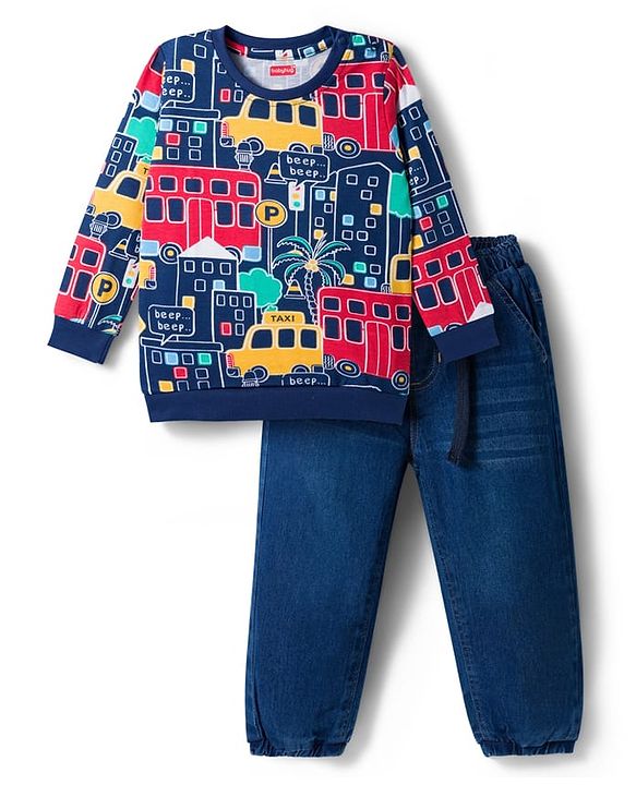 Babyhug Knit Premium Light Gauge Terry Full Sleeves T-Shirt & Denim Jeans  Set With Vehicle Print - Navy Blue