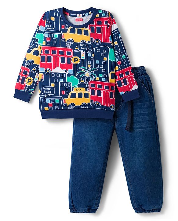 Babyhug Knit Premium Light Gauge Terry Full Sleeves T-Shirt & Denim Jeans  Set With Vehicle Print - Navy Blue