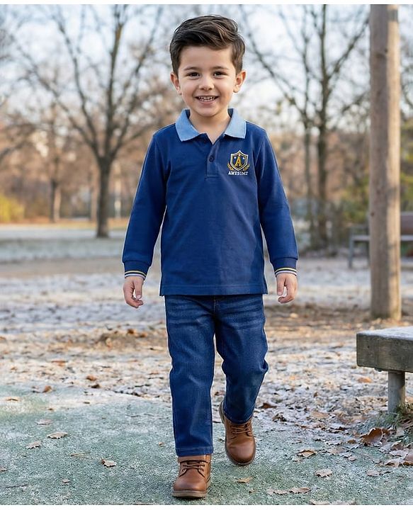 Babyhug Terry Knit Full Sleeves T-Shirt & Denim Jeans Set With Text Embriodery - Blue