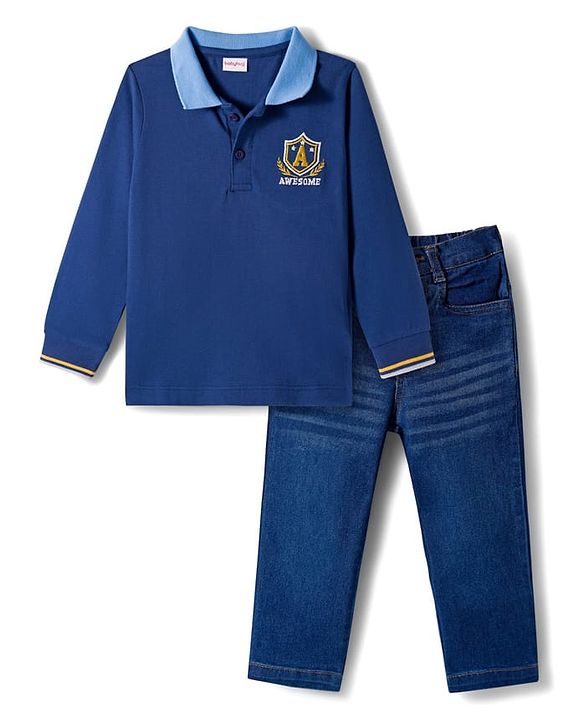 Babyhug Terry Knit Full Sleeves T-Shirt & Denim Jeans Set With Text Embriodery - Blue
