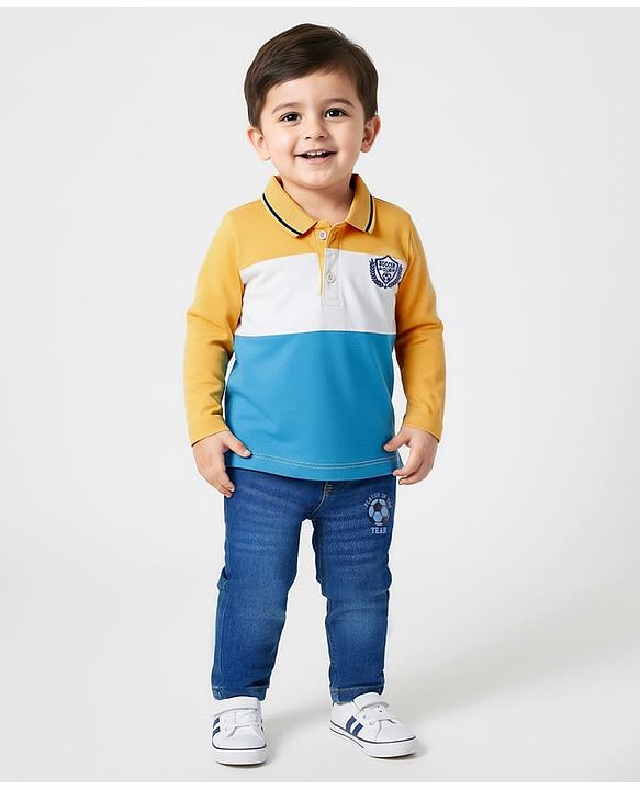 Babyhug Single Jersey Knit Full Sleeves Polo T-Shirt & Jeans Set with Soccer Embroidery & Football Print - Yellow & Blue
