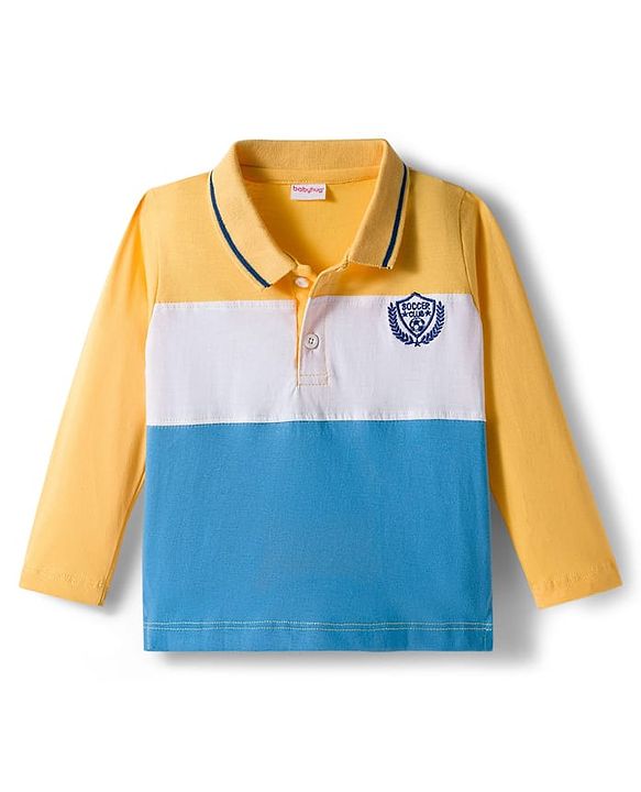 Babyhug Single Jersey Knit Full Sleeves Polo T-Shirt & Jeans Set with Soccer Embroidery & Football Print - Yellow & Blue