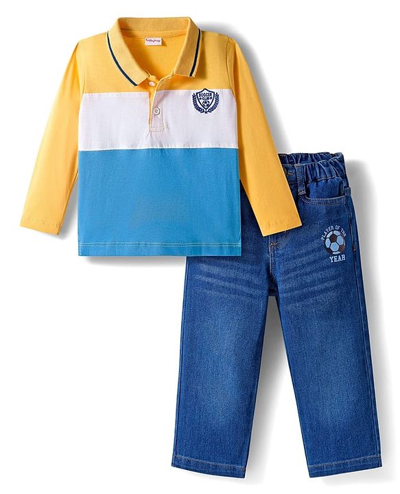 Babyhug Single Jersey Knit Full Sleeves Polo T-Shirt & Jeans Set with Soccer Embroidery & Football Print - Yellow & Blue