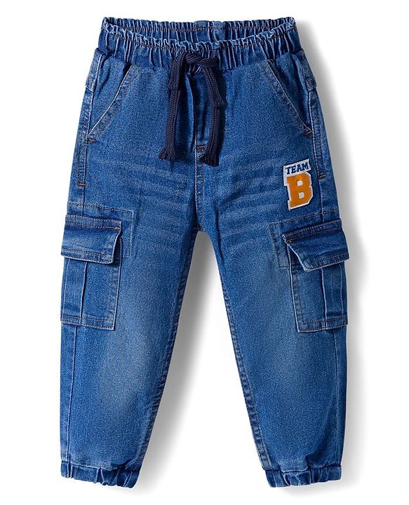Babyhug Terry Knit Full Sleeves T-Shirt & Denim Jeans Set With Stripes & Text Embriodery - Blue