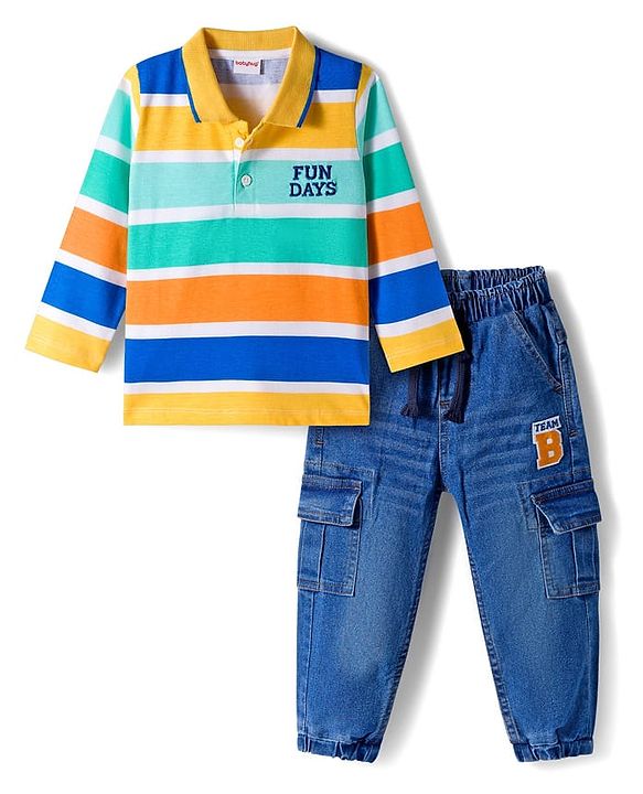 Babyhug Terry Knit Full Sleeves T-Shirt & Denim Jeans Set With Stripes & Text Embriodery - Blue