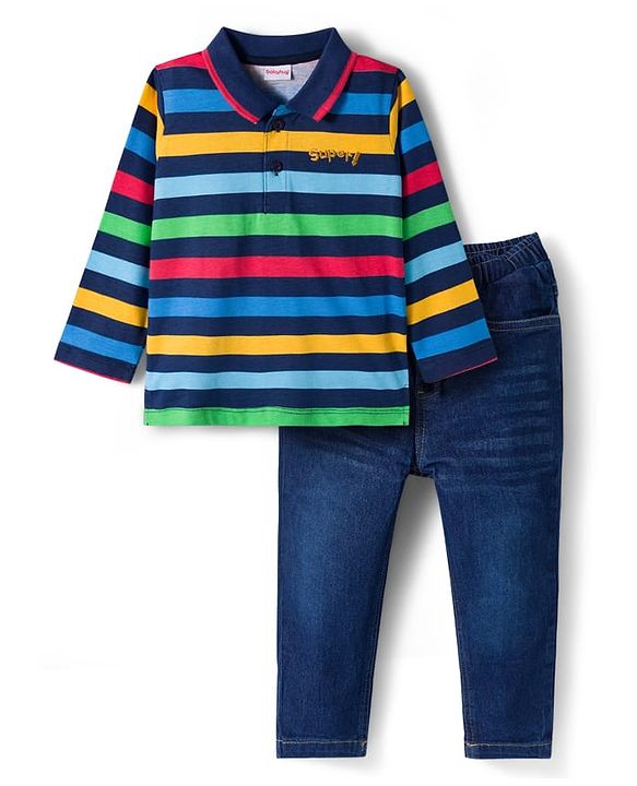 Babyhug Single Jersey Knit Full Sleeves T-Shirt & Denim Jeans Set With Stripes - Blue