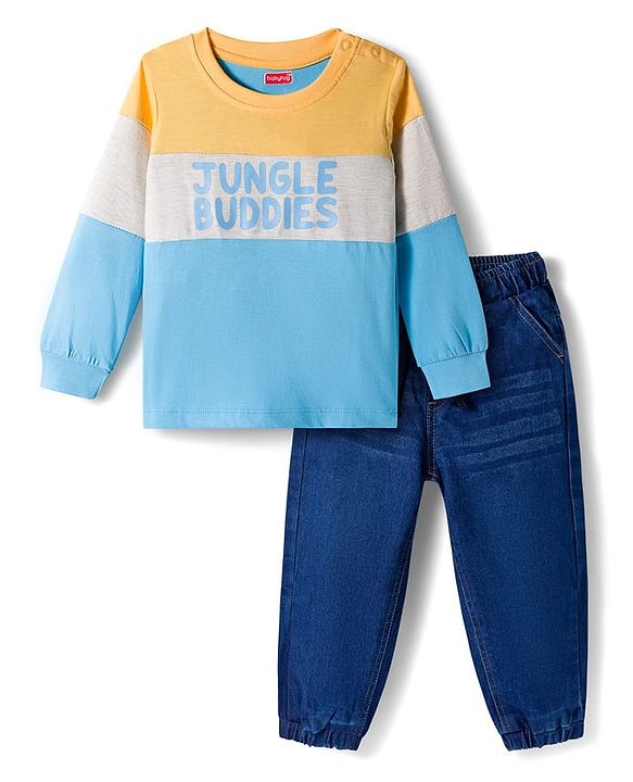 Babyhug Knit Premium Light Gauge Terry Full Sleeves T-Shirt & Denim Jeans Set With Text Print & Cut & Sew Design - Blue