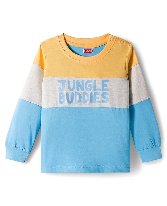 Babyhug Knit Premium Light Gauge Terry Full Sleeves T-Shirt & Denim Jeans Set With Text Print & Cut & Sew Design - Blue