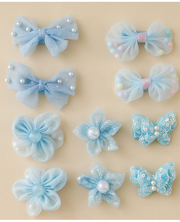 Babyhug Free Size Bow & Butterfly Clips Set of 10 - Light Blue