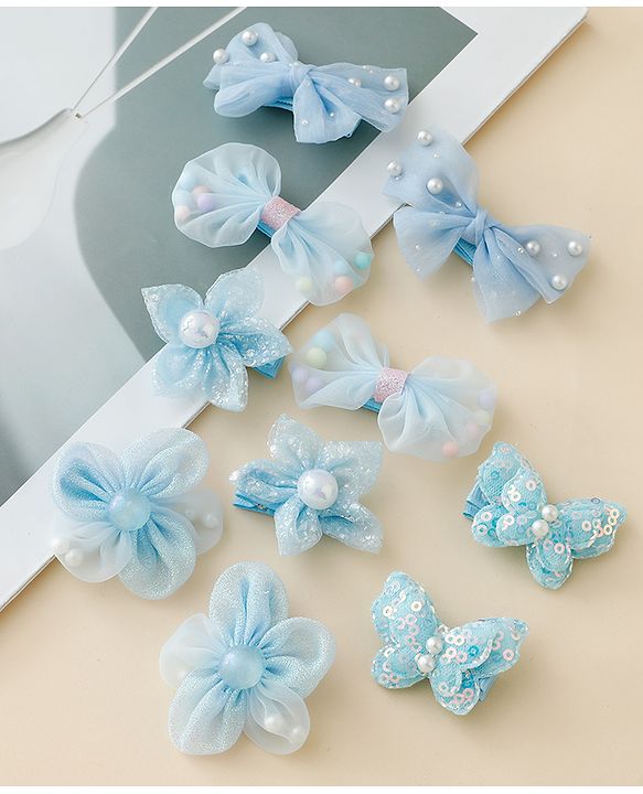 Babyhug Free Size Bow & Butterfly Clips Set of 10 - Light Blue