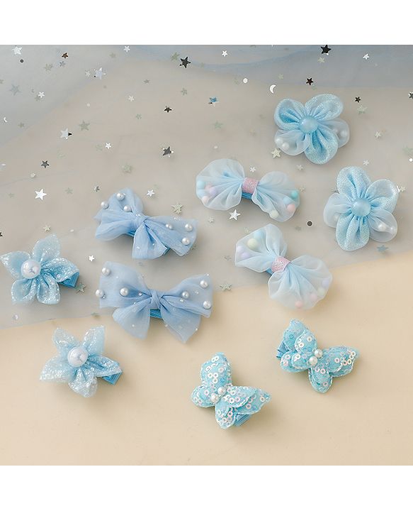 Babyhug Free Size Bow & Butterfly Clips Set of 10 - Light Blue