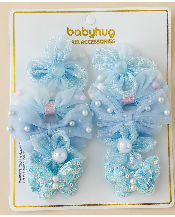 Babyhug Free Size Bow & Butterfly Clips Set of 10 - Light Blue